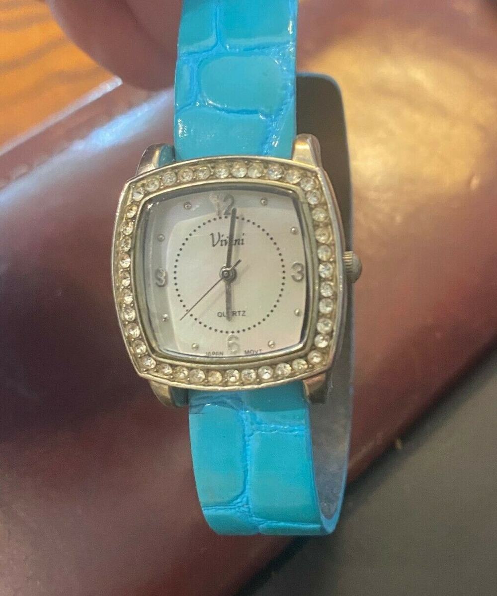 Women's 25mm Silver Tone Vivani Watch, Crystal accents, MOP Face, Turquoise Stra